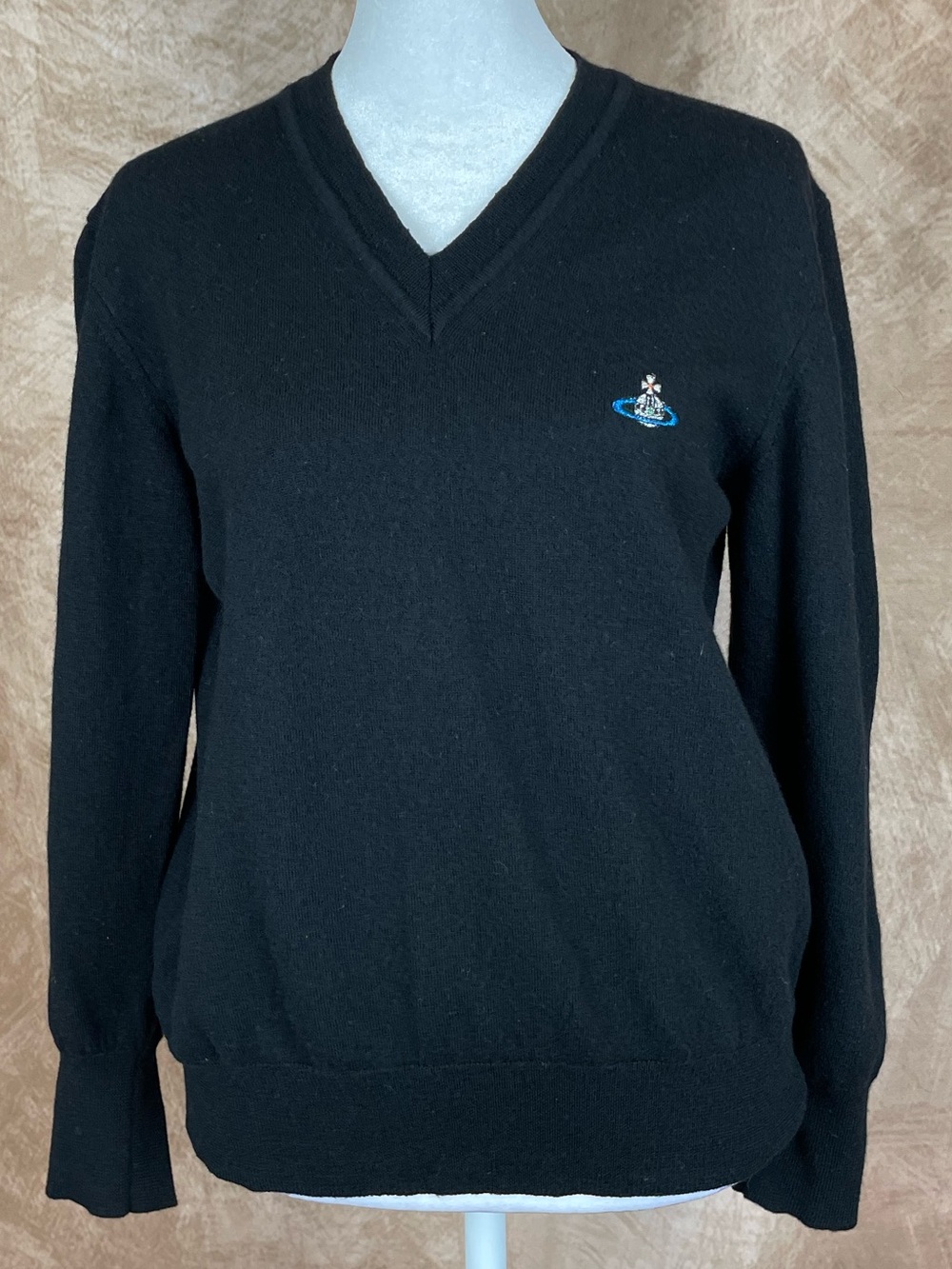 Y2K Vivienne Westwood Black V-Neck Sweater with Orb Logo size XL